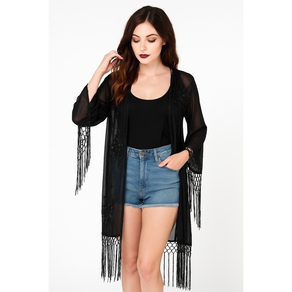 American Vintage Sweaters - Black Sheer Sequin Beaded Fringe Kimono Jacket Open Front Festival Cover Up